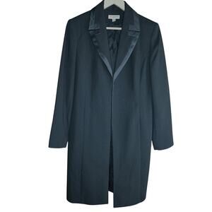 Vtg Amanda Smith Black Open Front Longline Blazer Coat 12 Satin Trim Whimsigoth